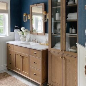Red oak bath vanity with tall cabinet