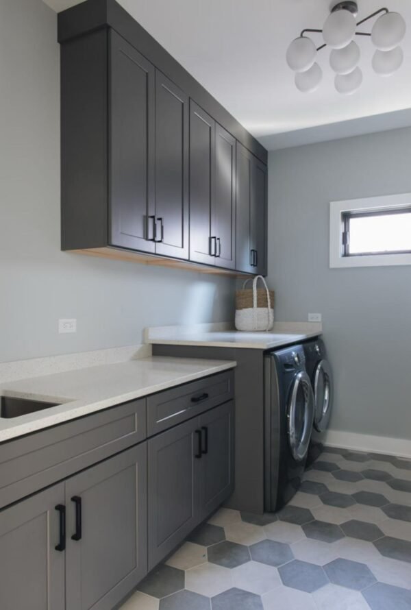 Solid wood grey laundry cabinet