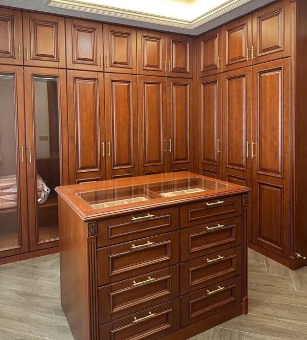 Classical solid cherry wood closet with island