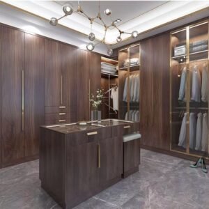 High-end solid walnut closet with flat door panel