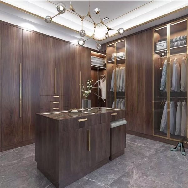 High-end solid walnut closet with flat door panel