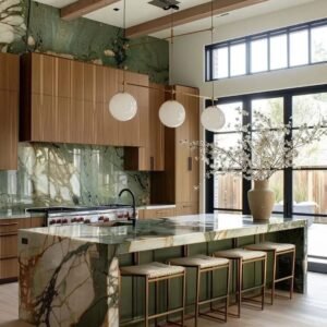 Luxury kitchen cabinet with waterfall marble island