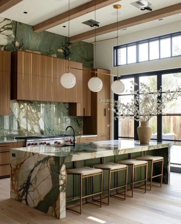 Luxury kitchen cabinet with waterfall marble island