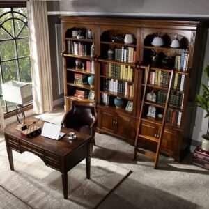 Solid wood bookcase with ladder