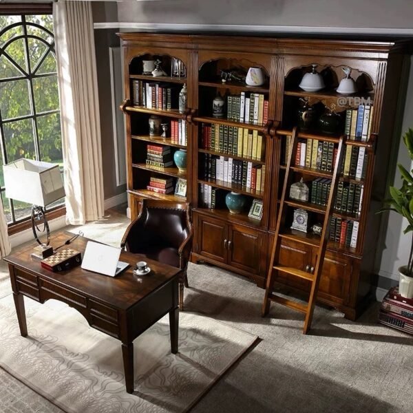 Solid wood bookcase with ladder