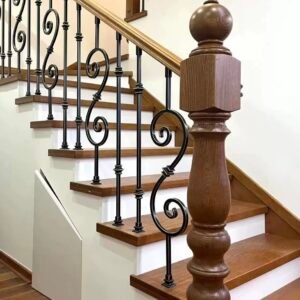 Vintage oak stair with wrought iron fence