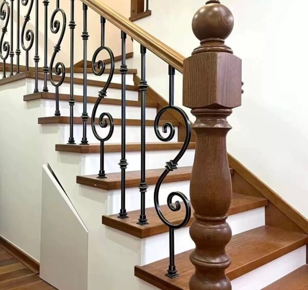 Vintage oak stair with wrought iron fence