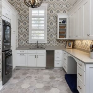 U shaped white shaker laundry cabinet