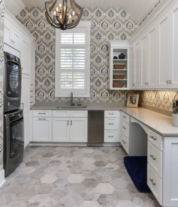 U shaped white shaker laundry cabinet