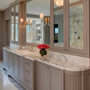 Curved master bathroom cabinet
