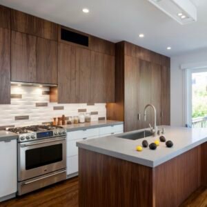 Walnut veneered kitchen cabinet