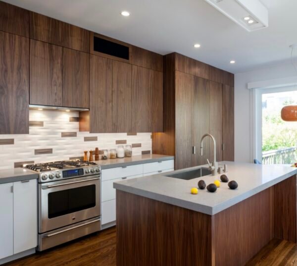 Walnut veneered kitchen cabinet