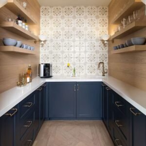Shaker kitchen pantry with timber shelves