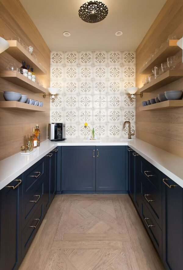 Shaker kitchen pantry with timber shelves